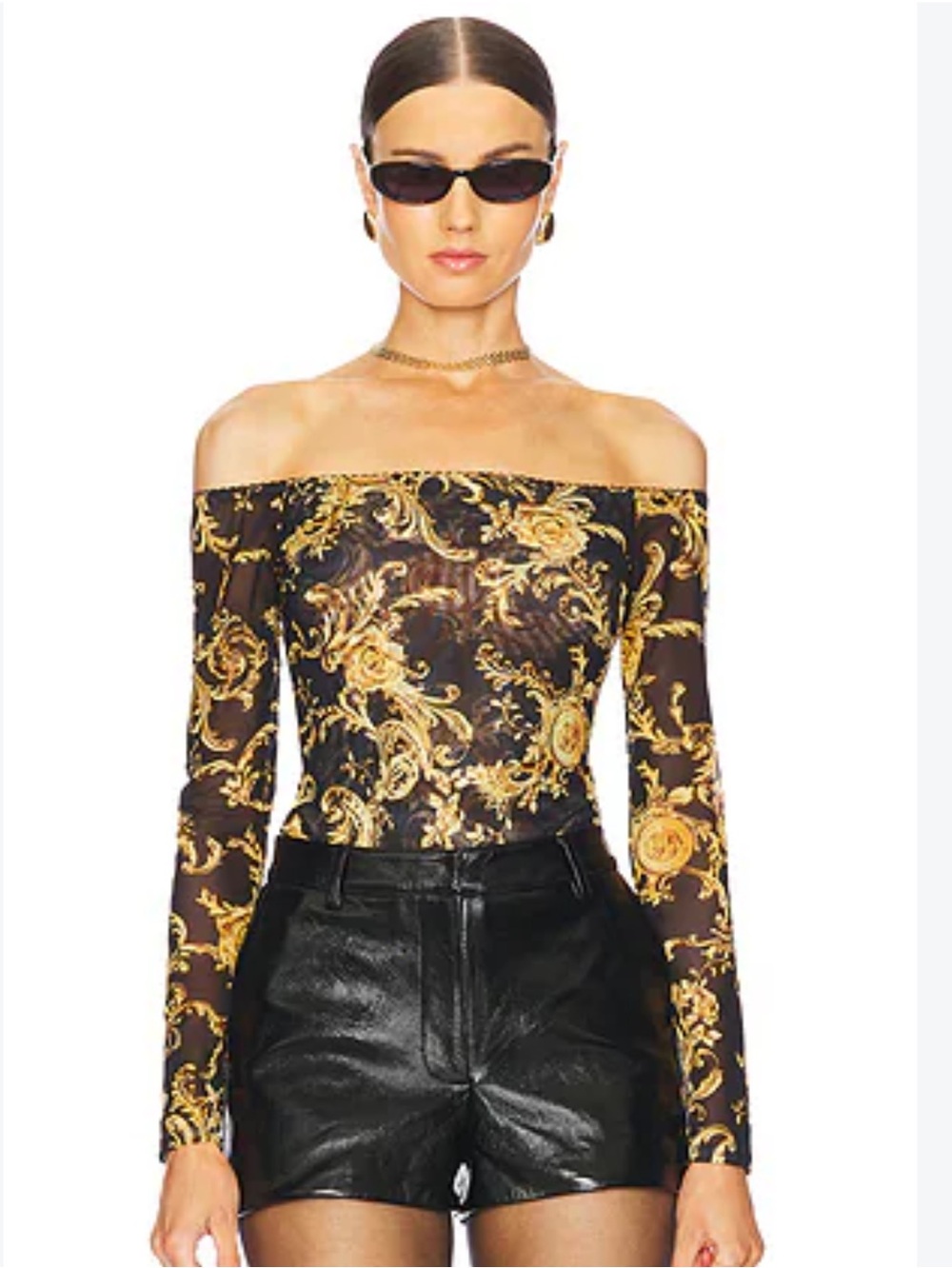 L'AGENCE Black & Gold Barocco Off-Shoulder Bodysuit